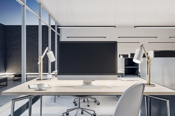 Close up of blank mock up computer monitor on wooden office desktop in modern interior. Workplace concept. 3D Rendering.