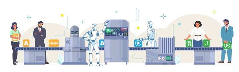 Ai machine translation process from one foreign language to another, vector illustration. Online translator.