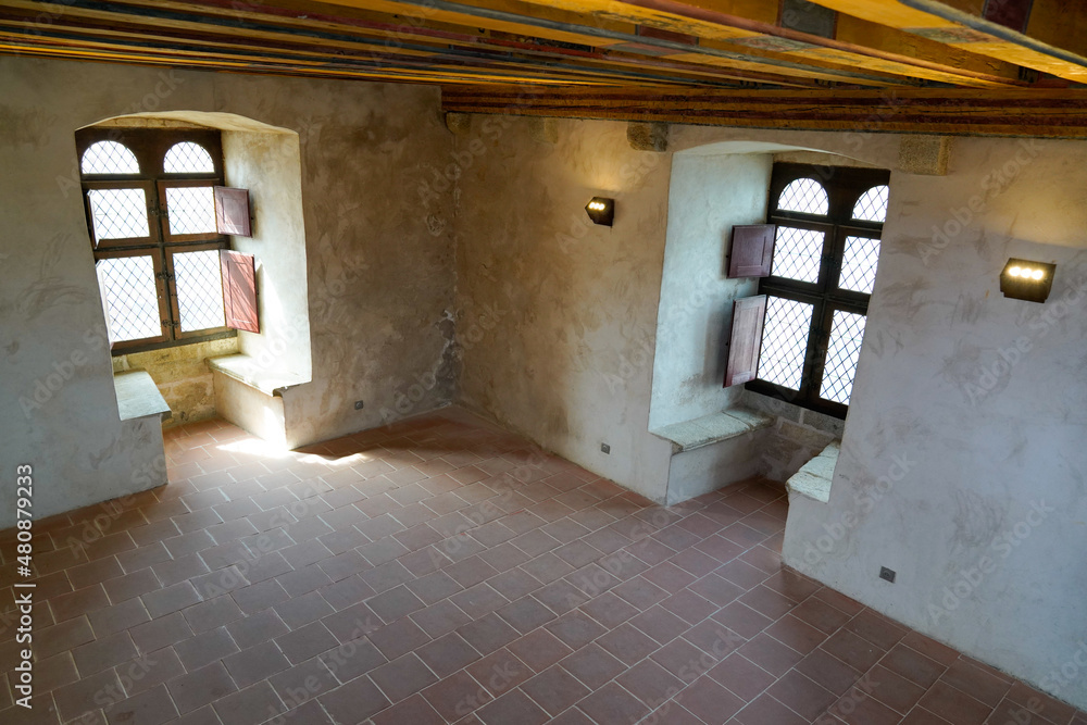 Sticker interior room with old ancient wooden windows interior castle of Collioure France Europe