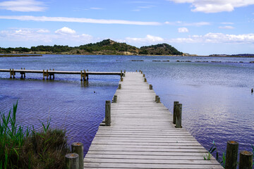 Pier wooden Over Lake in aude french department Peyriac-de-Mer in south france