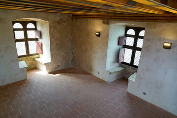 interior room with old ancient wooden windows interior castle of Collioure France Europe