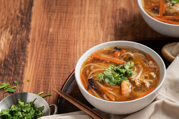 Delicious traditional thick soup with shrimp meat ball and vegetables.