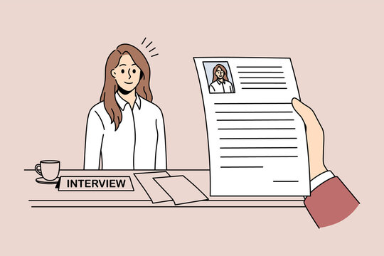 Head hunting and Human resources concept. Young woman job seeker applicant candidate sitting and going through interview with hand of manager with her resume vector illustration 