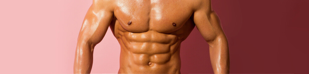 Banner templates with muscular man, muscular torso, six pack abs muscle. - obrazy, fototapety, plakaty
