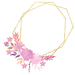 Flower arrangement and gold frame. Illustration for postcards, invitations. valentine's day.