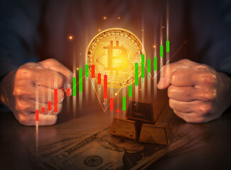 Aggressive businessman showing  Bitcoin stock market candle stick chart sideway up. Business and financial concept