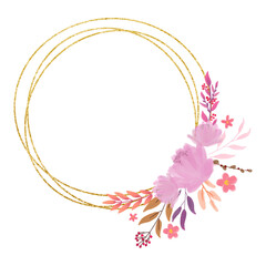 Flower arrangement and gold frame. Illustration for postcards, invitations. valentine's day.