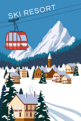 Mountain vintage winter resort village Alps, Switzerland. Snow landscape peaks, slopes with red gondola lift. Travel retro poster, vector illustration - obrazy, fototapety, plakaty