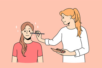 Beauty and make up concept. Young smiling woman artist doing make up working with skin of girl client sitting and waiting for perfect face vector illustration 