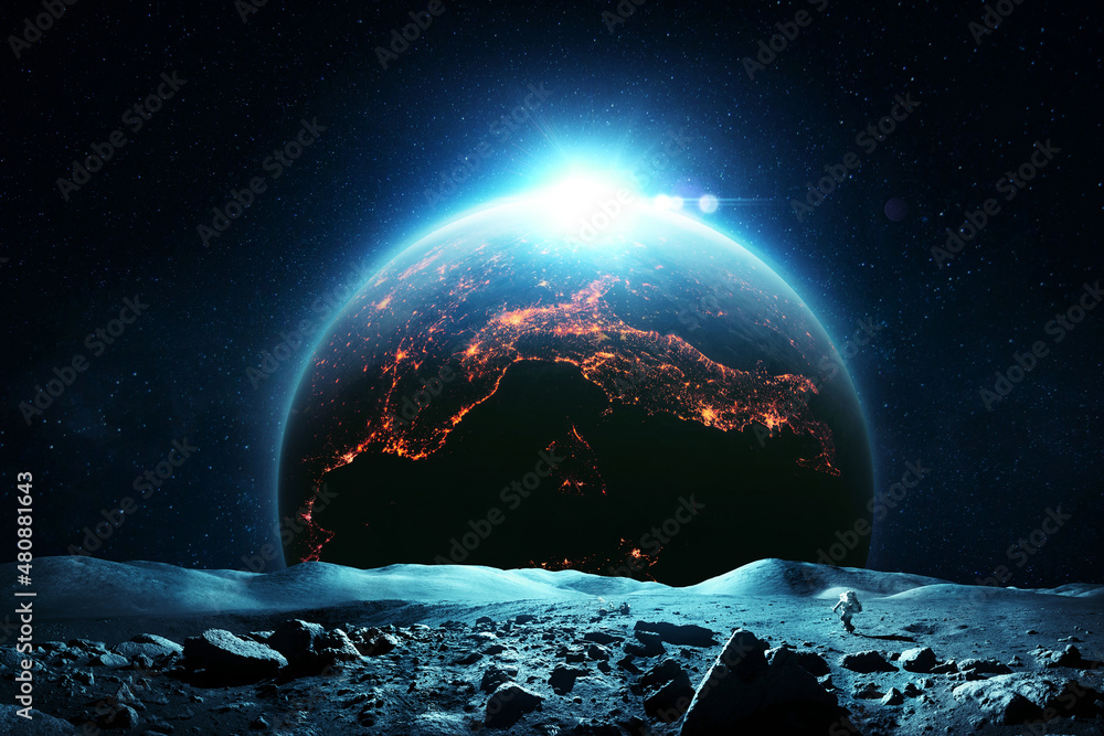 Poster astronaut man in a space suit and a lunar rover exploring the surface of the moon. beautiful moon an