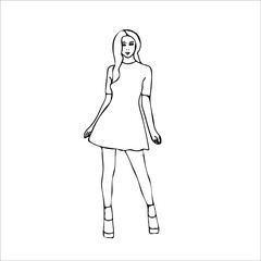 The girl is standing in full height on high heels in a short summer dress. Vector black and white drawing. Sketch.