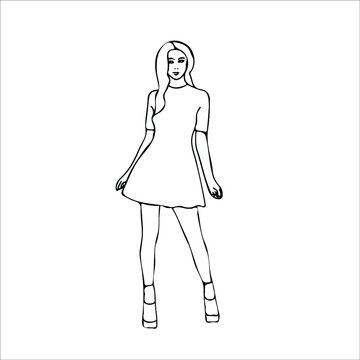 The girl is standing in full height on high heels in a short summer dress. Vector black and white drawing. Sketch.