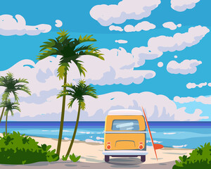 Tropical beach summer resort, seashore sand, palms, waves. Surfer van with surfboard. Ocean, sea exotical beach landscape, clouds, nature. Vector illustration