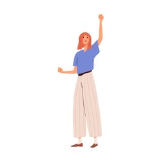 Happy excited woman celebrates success and victory, raising fist up, cheering up. Joyful cheerful person rejoices. Female with positive emotions. Flat vector illustration isolated on white background