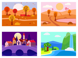 Obraz premium Collection of seasons landscapes spring, summer, autumn. Rural, mountaines, field, city, sea, snow, hot, rain, night. Vector minimalistic flat illustration