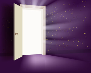 Mystical ligh from Open Door in universe, abstract mystical light, galaxy stars. Imagination insparation, outer space opening a door to the unknown future. Vector illustration