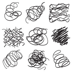 Backgrounds with array of lines. Intricate chaotic textures. Wavy backdrops. Hand drawn tangled patterns. Black and white illustration. Elements for posters and flyers