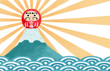 受験応援　富士山の頂上にいる赤い合格だるまのイラスト