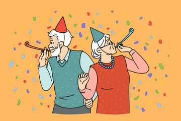 Elderly couple celebrating holiday concept. Smiling cheerful mature couple woman and man in festive clothes and accessories standing and having party celebrating birthday holiday vector illustration - obrazy, fototapety, plakaty
