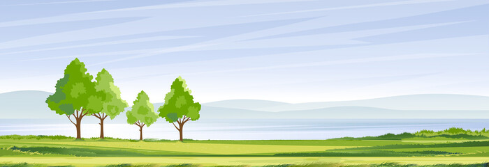 Spring landscape at village by the lake with green fields,mountain, blue sky and clouds, Vector nature cartoon scenery Summertime,Panoramic rural countryside by river with clear sky in morning