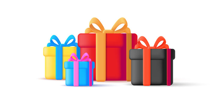 3d illustration element, gift boxes pile with ribbons and bows in different color