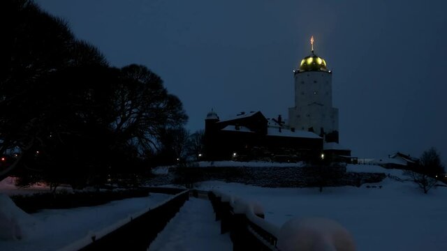 panorama of Vyborg castle and Castle island in the early winter