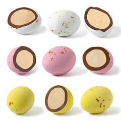 Set of images chocolates in the form of whole and halves eggs different color. Full depth of field. With clipping path