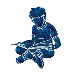 A Little Boy Reading A Book Children Study Cartoon Graphic Vector 