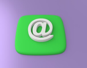The at sign, sign separating the name and domain. A green key with a raised "at" symbol. Toy rendering style. 3d render visualization. SEO optimization