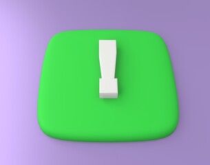 A sign of amazement, strong feelings, excitement. A green key with a raised exclamation symbol. Toy rendering style. 3d render visualization. SEO optimization