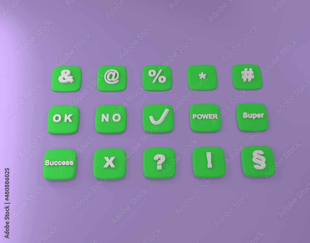 Poster 3d visualization of buttons with special symbols. help seo, marketing. 3d render visualization