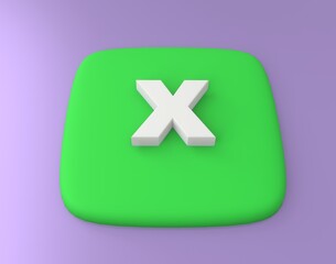 3d visualization of a button with the designation x. Soft green with subsurface scattering. Convex image x. white letter x