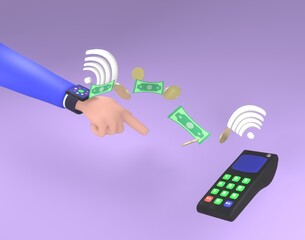 3D visualization of payment using Near Field Communication. Payment by smart watch. Money bridge. Future technologies. 3d render illustration