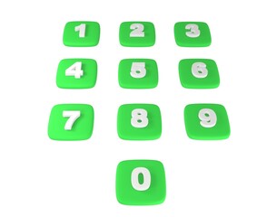 Green numeric keypad, 3d buttons, raised digits, 3d graphic numeric keypad. Nice looking color with subsurface scattering. White background