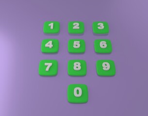 Green numeric keypad, 3d buttons, raised digits, 3d graphic numeric keypad. Nice looking color with subsurface scattering. 