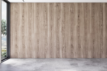 Contemporary minimalist empty interior with wood panel blank wall. 3d render illustration mock up.