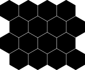 Black hexagon, honeycomb, design elements, shapes, pattern with no strokes. Use for photo collection, collage, template, frame, overlay, montage. Transparent background. Vector illustration, eps 10.