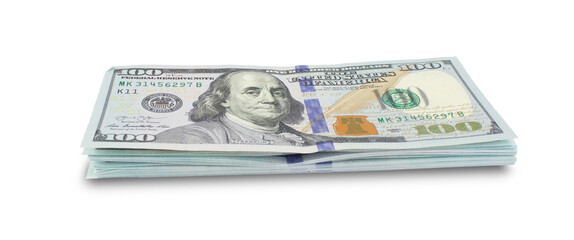Stack of US dollar banknotes isolated on white background.