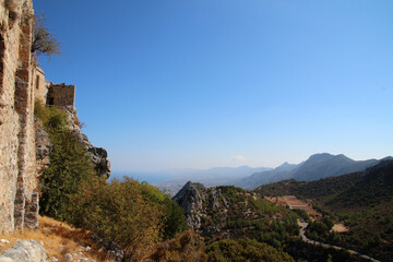 Fototapeta na wymiar View of the Kyrenia Mountains from the Crusader Castle of St Hilarion, North Cyprus 