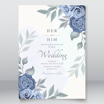 Wedding Card With Dusty Blue Roses Template