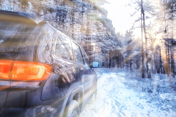 SUV forest winter, car on a forest road, landscape seasonal snow forest view