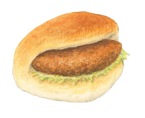 コロッケパン　手描き　水彩色鉛筆イラスト