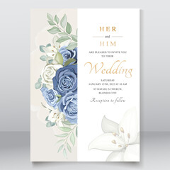 Wedding card with dusty blue roses template