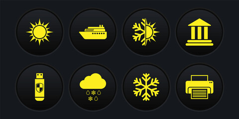 Set USB flash drive and shield, Bank building, Cloud with snow rain, Snowflake, Sun snowflake and Ship icon. Vector