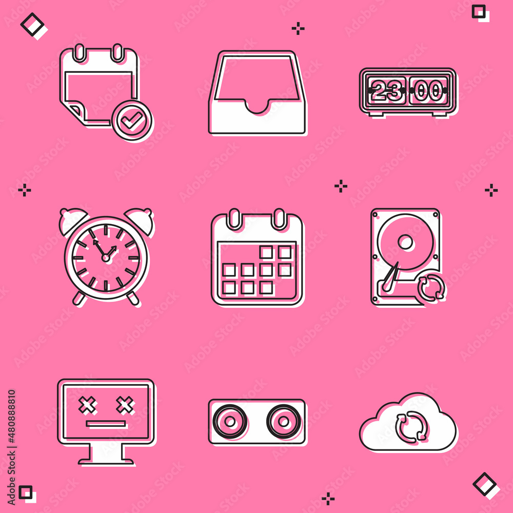 Poster set calendar with check mark, social media inbox, retro flip clock, alarm, and hard disk drive hdd s