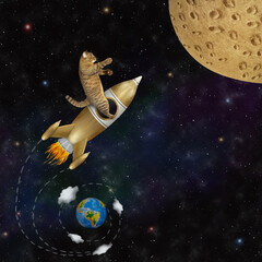 A beige cat astronaut in a spacesuit riding a rocket flies to the moon.