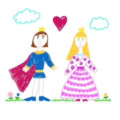 Princess and prince in love. Children's drawing. Fairy tale vector illustration made by child