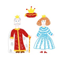 Queen and king. Royal family from fairy tale. Drawing made by child