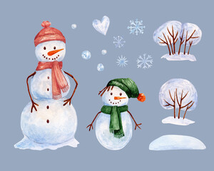 Illustration with winter meadow watercolor