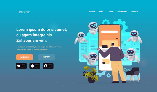 man and robot web developers creating program code on smartphone screen development of software and programming
